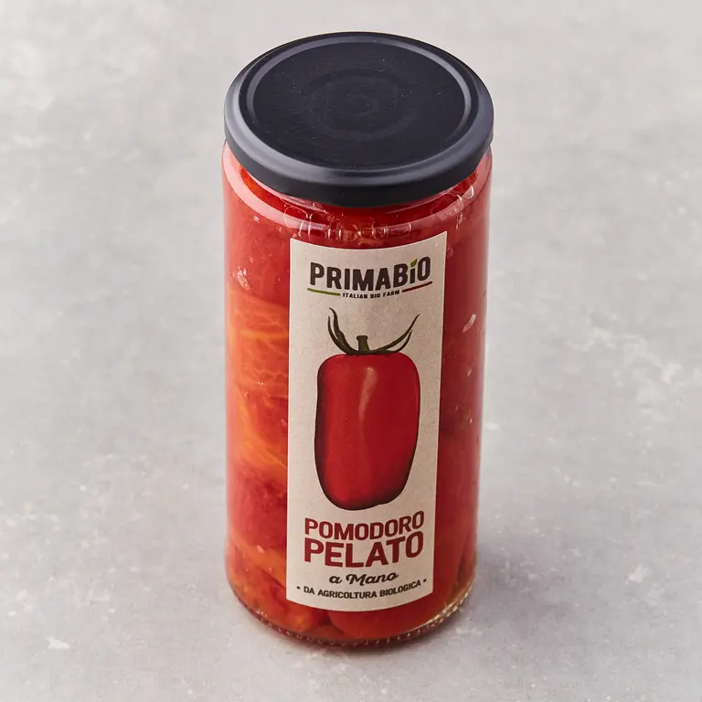 Skrellet, hel tomat på glass, Prima Bio
